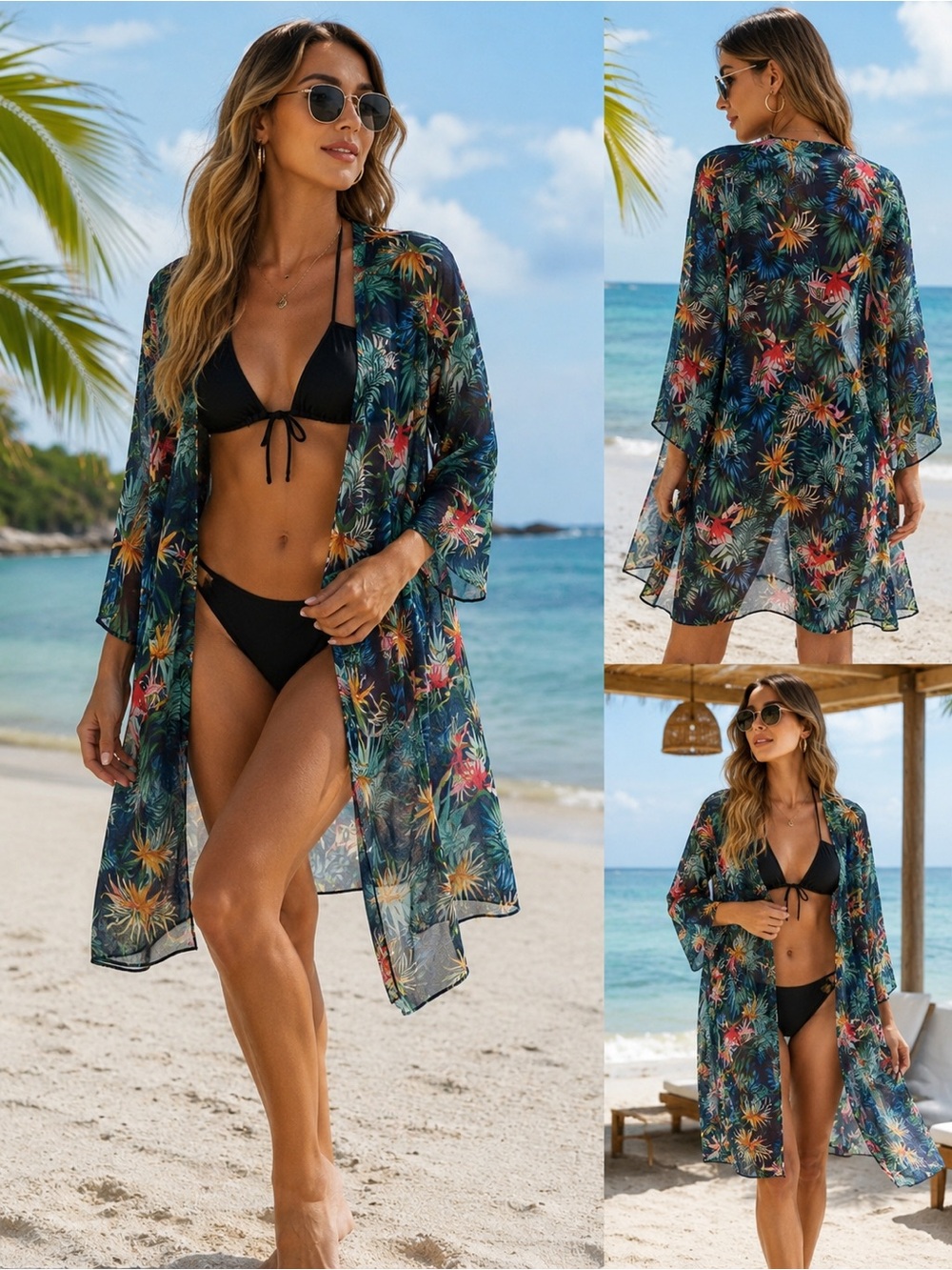 Tropical Sheer Kimono Beach Cover-Up – Size Large (Fits Like a Medium) 🌴☀️